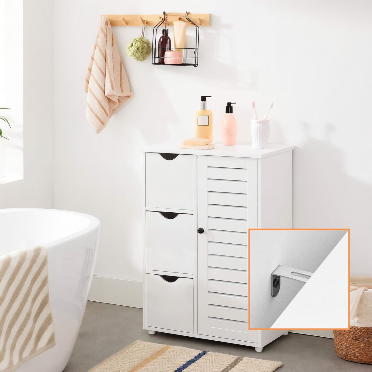 Dulap alb cu 3 sertare și ușă lamelară – design scandinav modern pentru baie și hol - imagine 6
