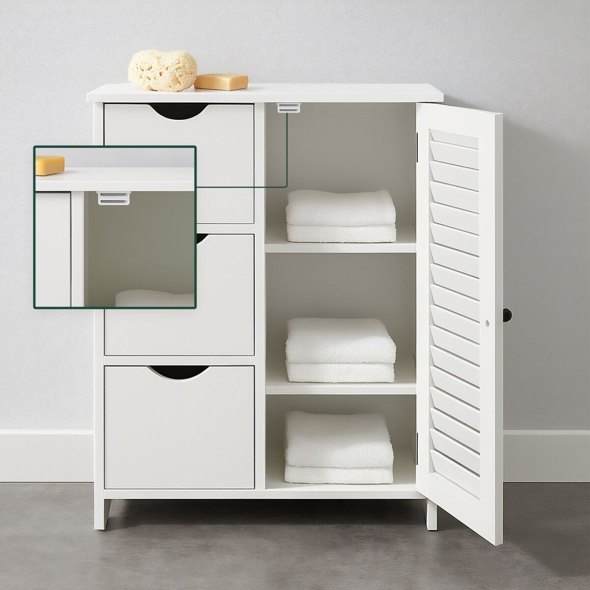 Dulap alb cu 3 sertare și ușă lamelară – design scandinav modern pentru baie și hol - imagine 2