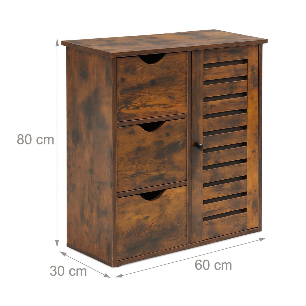 Dulap maro vintage din lemn cu 3 sertare și ușă lamelară – ideal pentru baie, hol sau dormitor - imagine 6