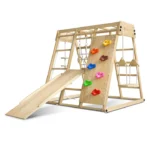 Loc de joaca si gimnastica XL pentru copii cu tobogan, perete de cățărat și accesorii, Pliabil, lemn de pin