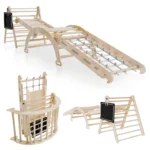 Loc de joaca pentru cățărare Triunghi Montessori, Perna, Tabla, Rampa și Arc de cățărare, Scara cu franghii