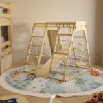 Loc de joaca si gimnastica XL pentru copii cu tobogan, perete de cățărat și accesorii, Pliabil, lemn de pin - imagine 10