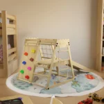 Loc de joaca si gimnastica pentru copii cu tobogan, perete de cățărat și accesorii, Pliabil, lemn de pin - imagine 10