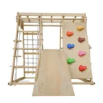 Loc de joaca si gimnastica XL pentru copii cu tobogan, perete de cățărat și accesorii, Pliabil, lemn de pin - imagine 4