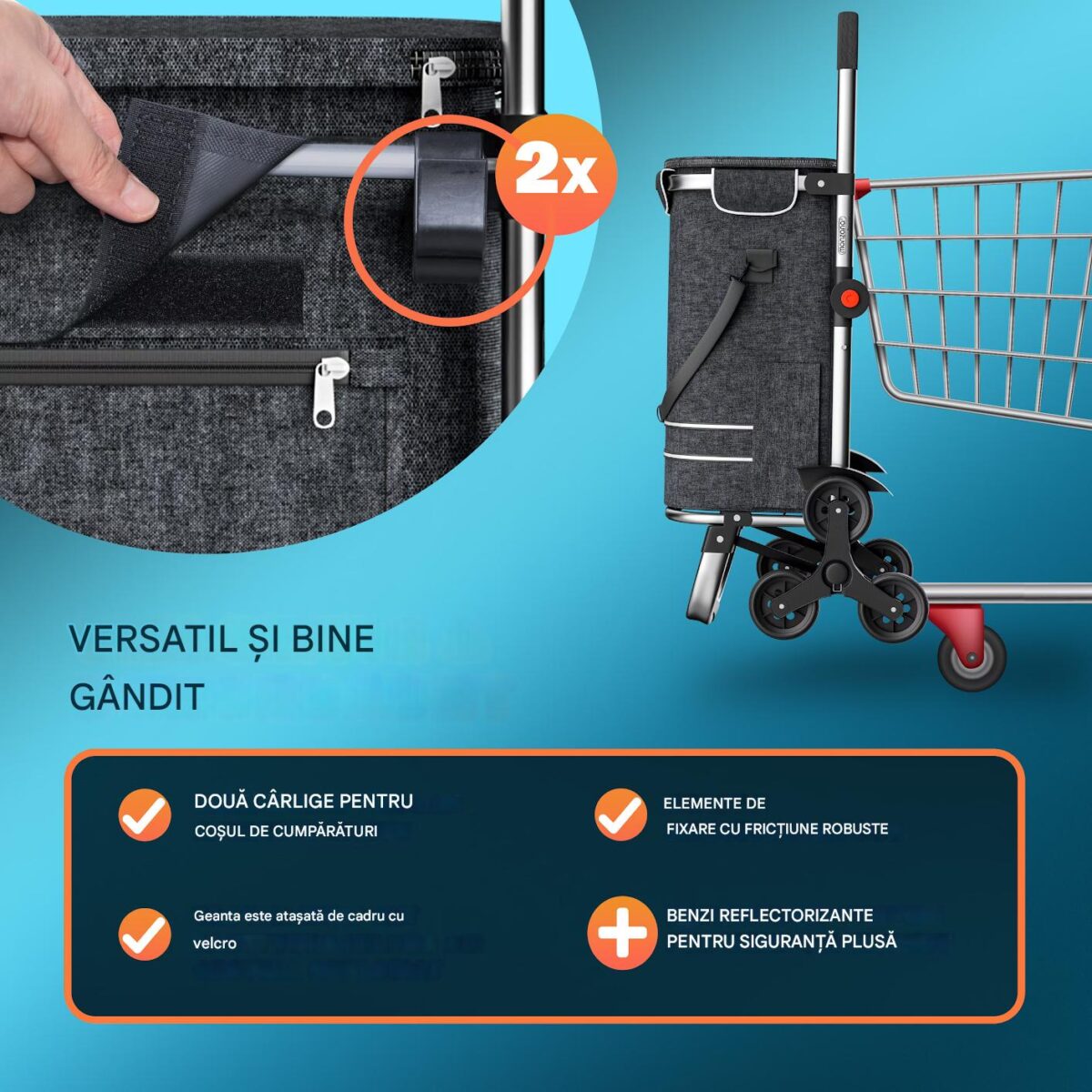 Carucior pentru cumparaturi, Monzana, 56L, 100 x 40 x 45 cm, pliabil, cadru din aluminiu, compartiment frigorific, multifunctional, Negru - imagine 4