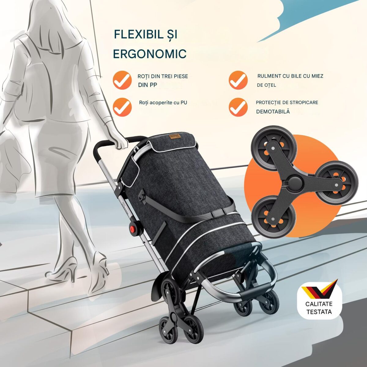 Carucior pentru cumparaturi, Monzana, 56L, 100 x 40 x 45 cm, pliabil, cadru din aluminiu, compartiment frigorific, multifunctional, Negru - imagine 3