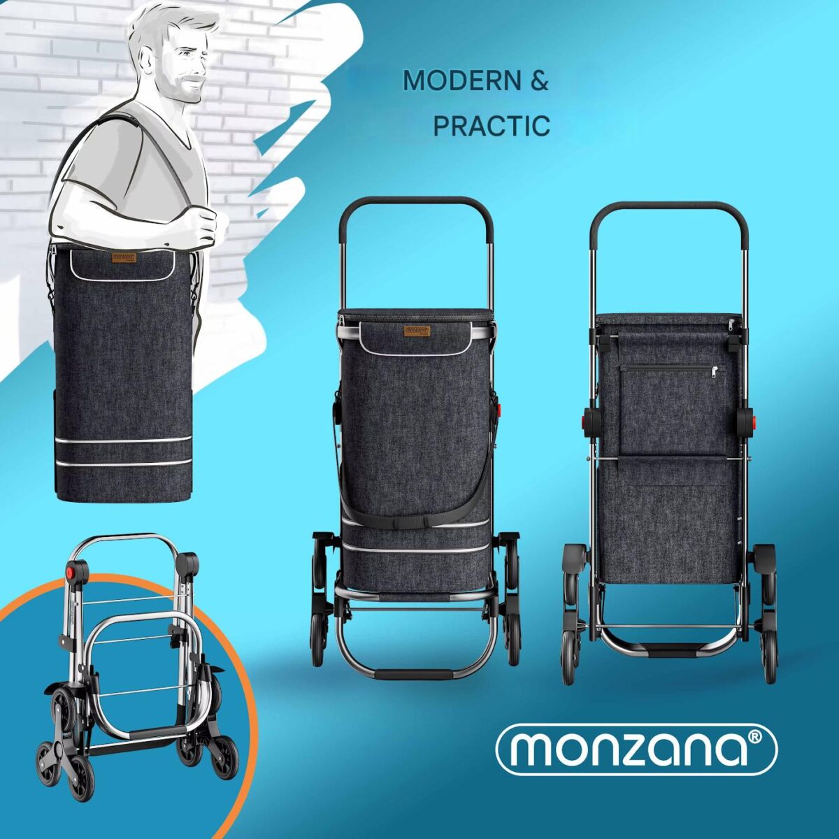 Carucior pentru cumparaturi, Monzana, 56L, 100 x 40 x 45 cm, pliabil, cadru din aluminiu, compartiment frigorific, multifunctional, Negru - imagine 7