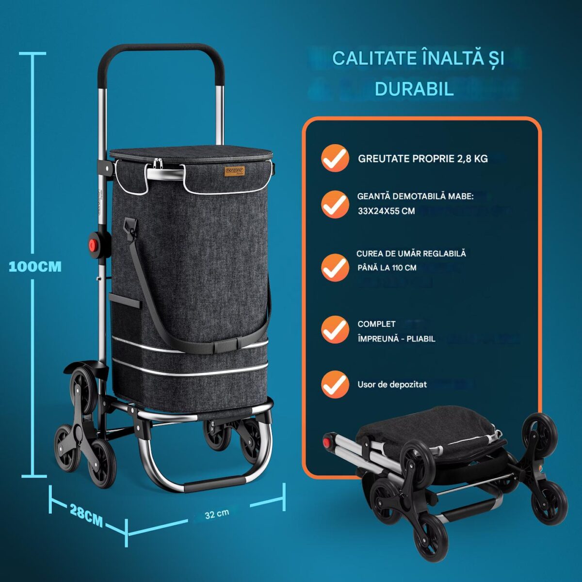 Carucior pentru cumparaturi, Monzana, 56L, 100 x 40 x 45 cm, pliabil, cadru din aluminiu, compartiment frigorific, multifunctional, Negru - imagine 6