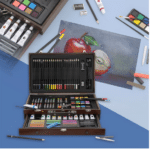 Set de pictura si desen SUNSHINE 112 piese, cutie din lemn, creioane colorate, vopsele în ulei și acrilice, acuarele și alte accesorii