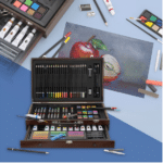 Set de pictura si desen SUNSHINE 112 piese, cutie din lemn, creioane colorate, vopsele în ulei și acrilice, acuarele și alte accesorii