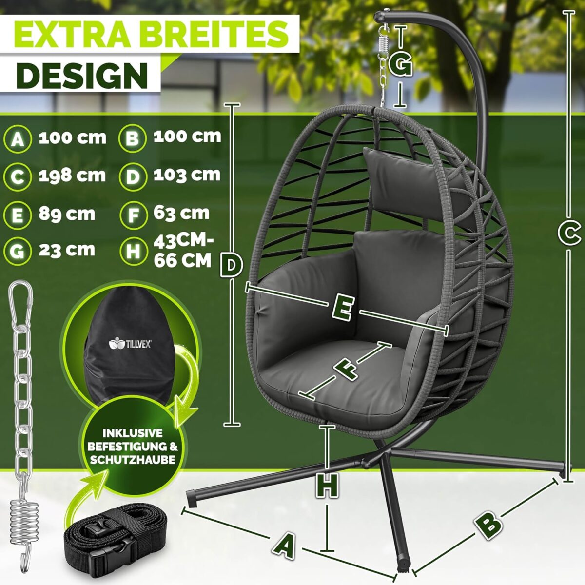 Leagan suspendat tip ou cu picior TILLVEX din poliratan, pliabil, husă pentru exterior, sustinere 150 kg, antracit - imagine 9