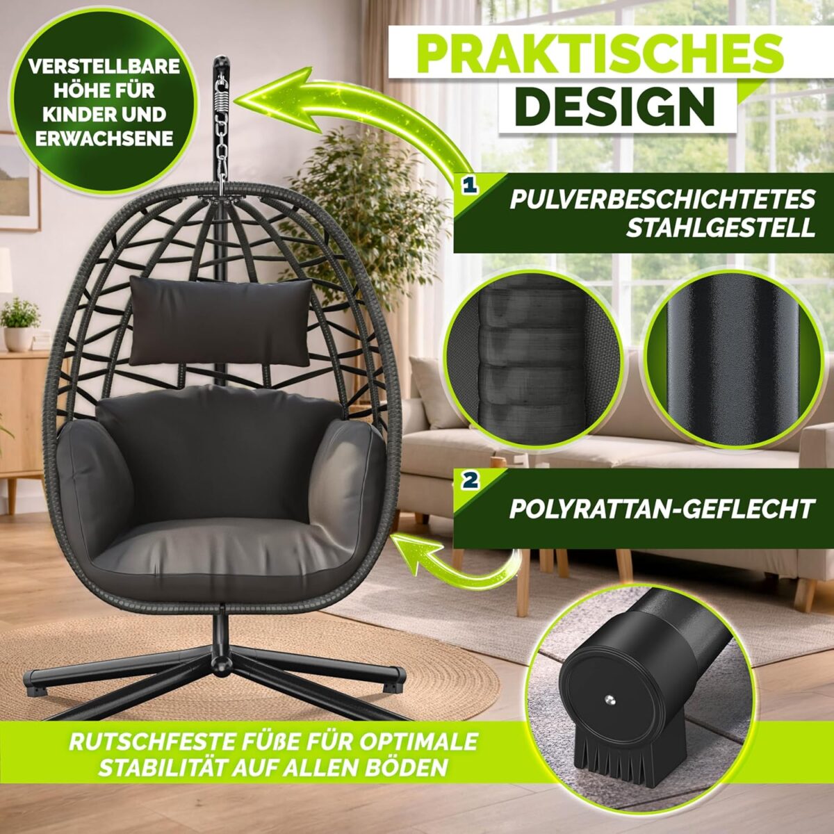 Leagan suspendat tip ou cu picior TILLVEX din poliratan, pliabil, husă pentru exterior, sustinere 150 kg, antracit - imagine 6