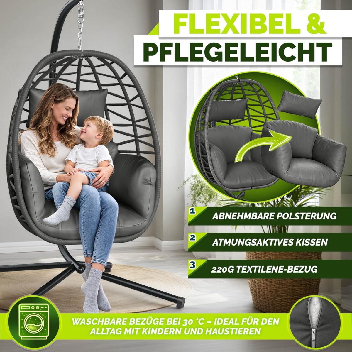 Leagan suspendat tip ou cu picior TILLVEX din poliratan, pliabil, husă pentru exterior, sustinere 150 kg, antracit - imagine 5