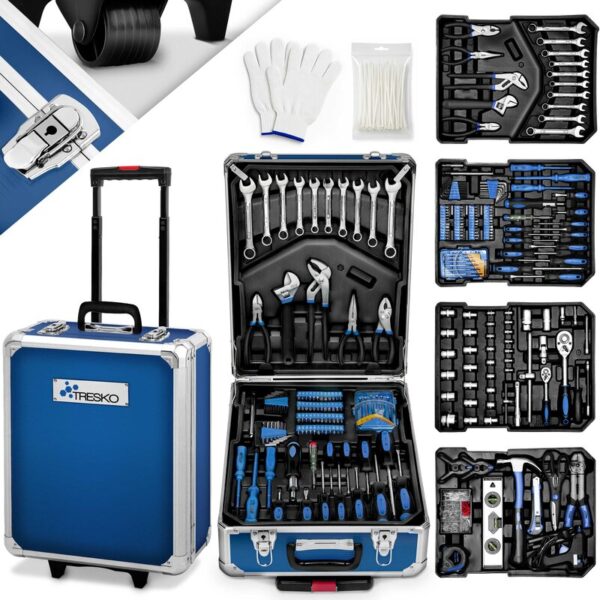 Trusă de scule TRESKO 949 piese cu troler, roți și mâner telescopic, set complet de scule din oțel crom-vanadiu